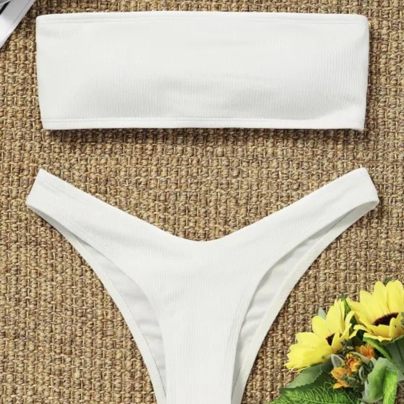 Zaful Other - Zaful High Cut Ribbed Bandeau Bikini Set - White